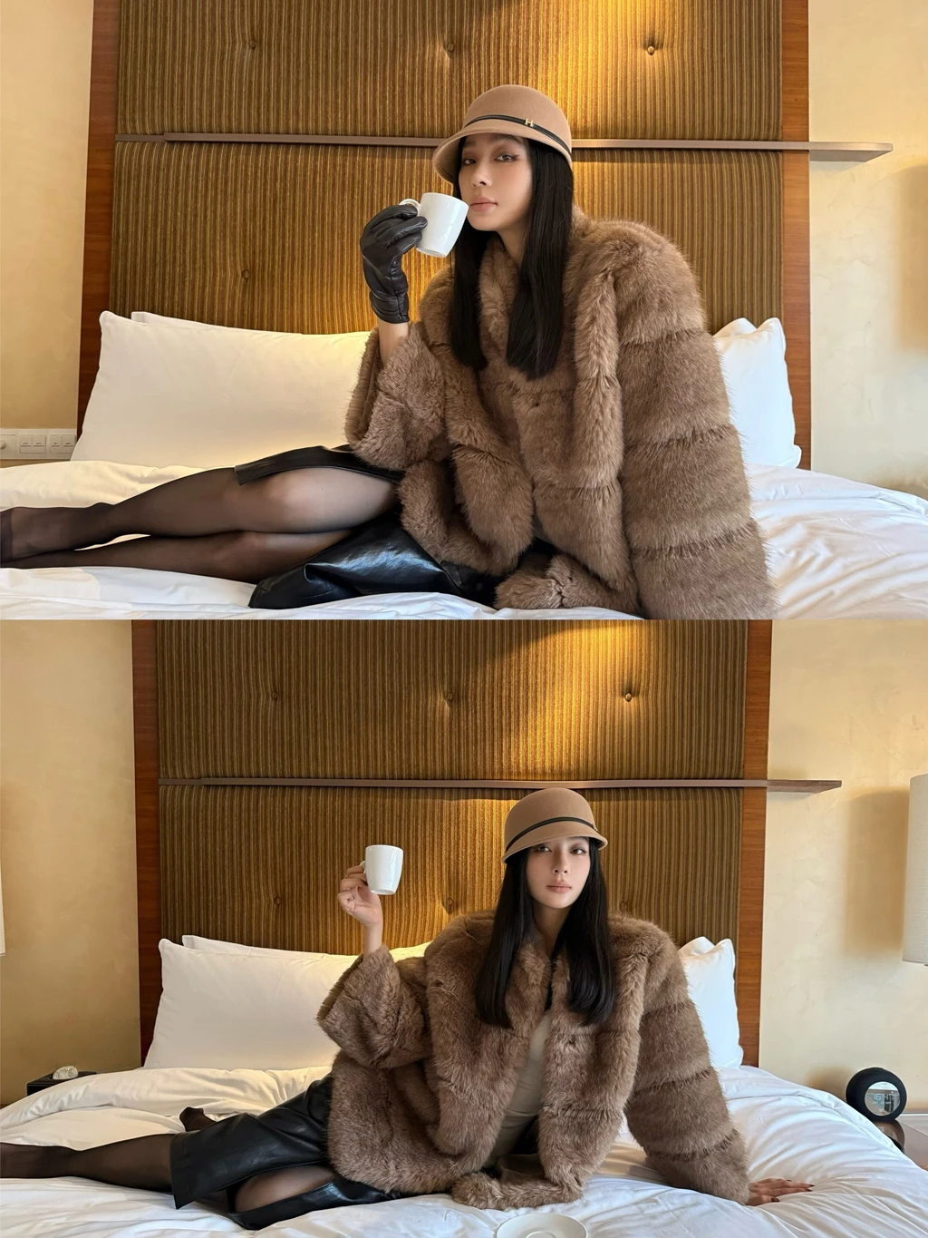 A slim and eco-friendly fur coat made of faux mink with 9-quarter sleeves