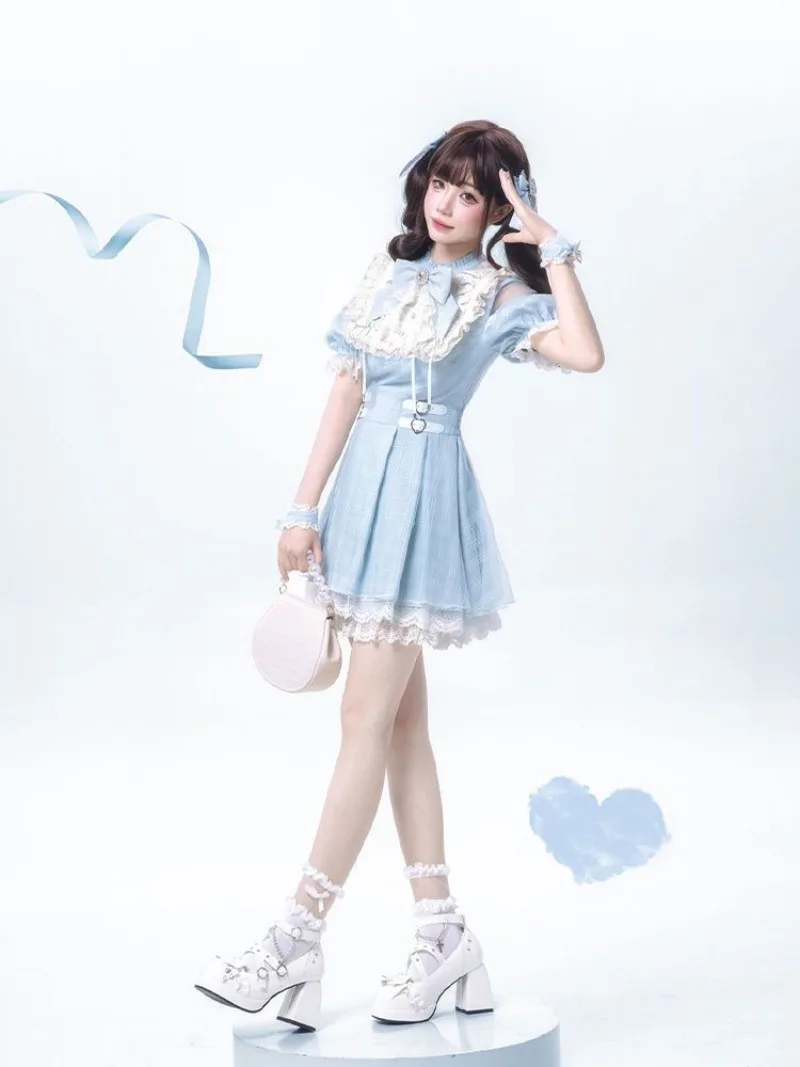 Lolita Dress 2025 New Sky Blue Checkered Landmine Series Japanese Subculture Short Sleeved Dresses Set Summer Y2k Women Clothing
