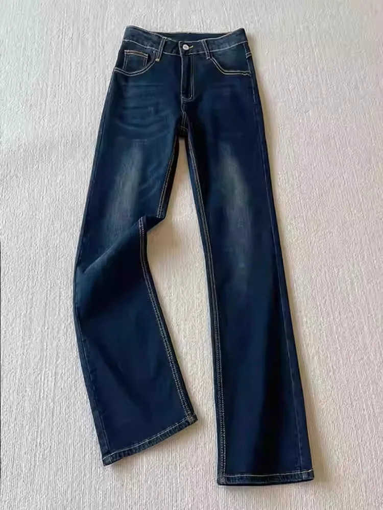 

Синие мужские джинсы с изогнутыми лезвиями, прямые брюки с высокой талией, тонкие расклешенные брюки с микро-расклешенными брюками, весна-осень, широкие брюки в американском стиле High Street Vibe