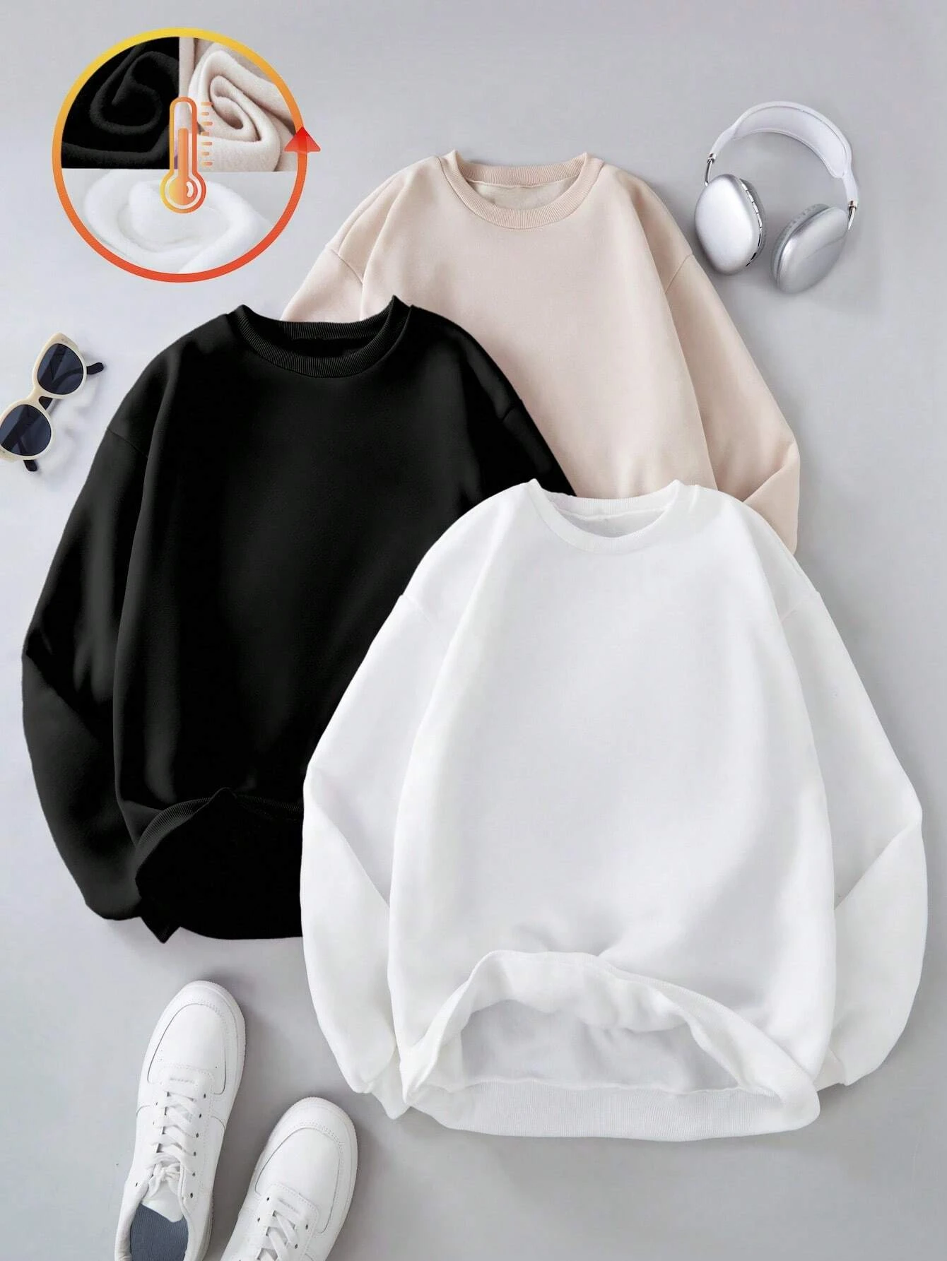 NEW Winter Womens Solid Hoodies Basic Warm Fleece Sweatshirts Soft Breathable O-Neck Pullover Casual Oversize Womans Clothes