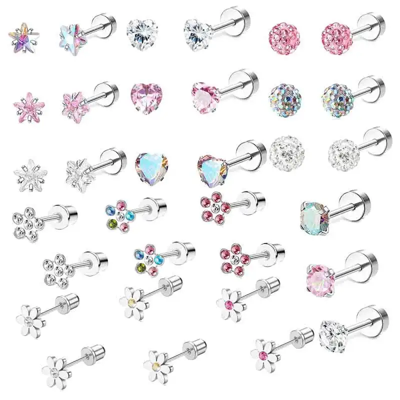 Studs Earrings Screw Back for Women Men Stainless Steel Hypoallergenic Tiny Cubic Zirconia Tragus 20G Piercing for Sensitive Ear