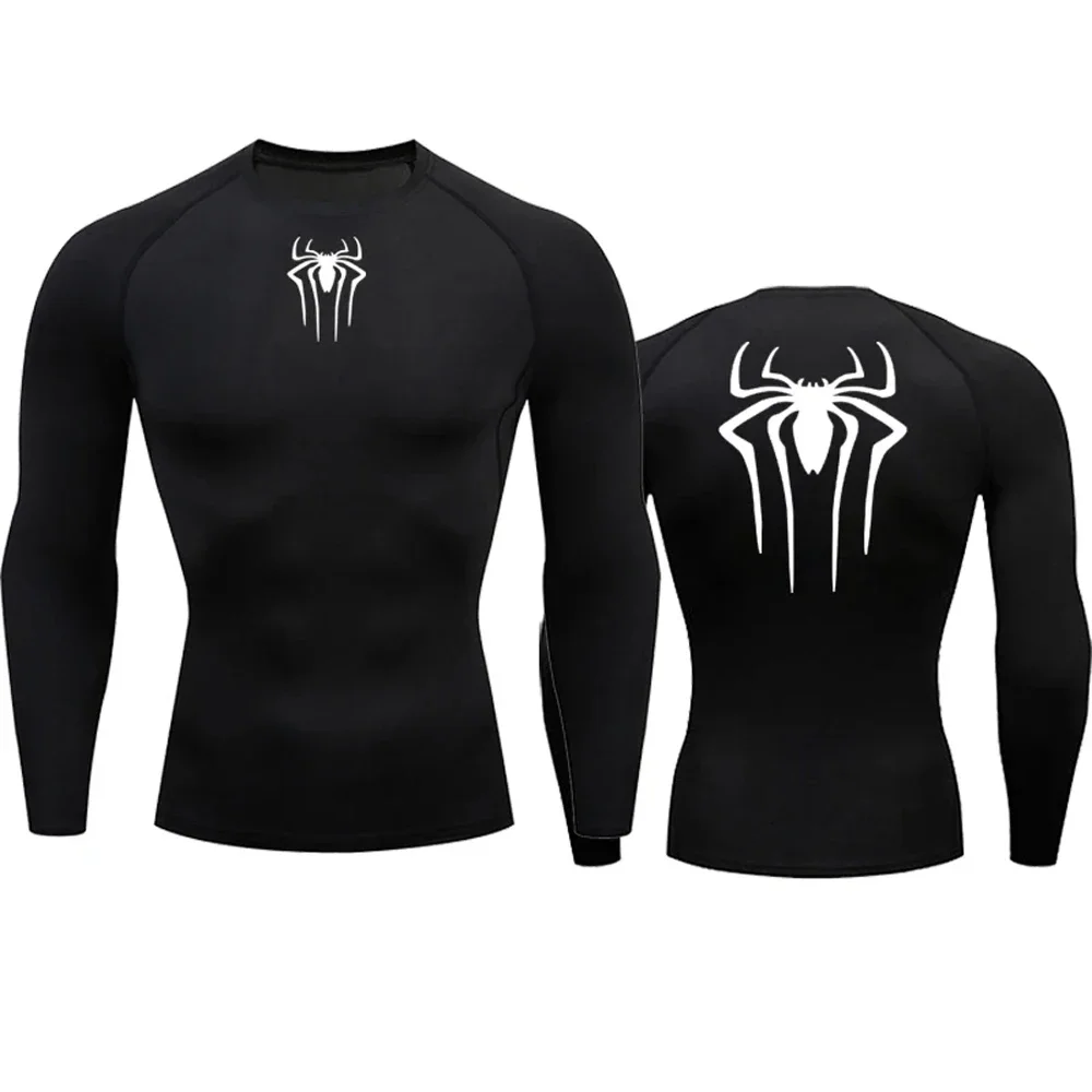 Men\'s Compression Spider Printed T-Shirt Sports Muscle Fitness Tight Quick-drying Long Sleeve Breathable Gym Bottoming Clothes