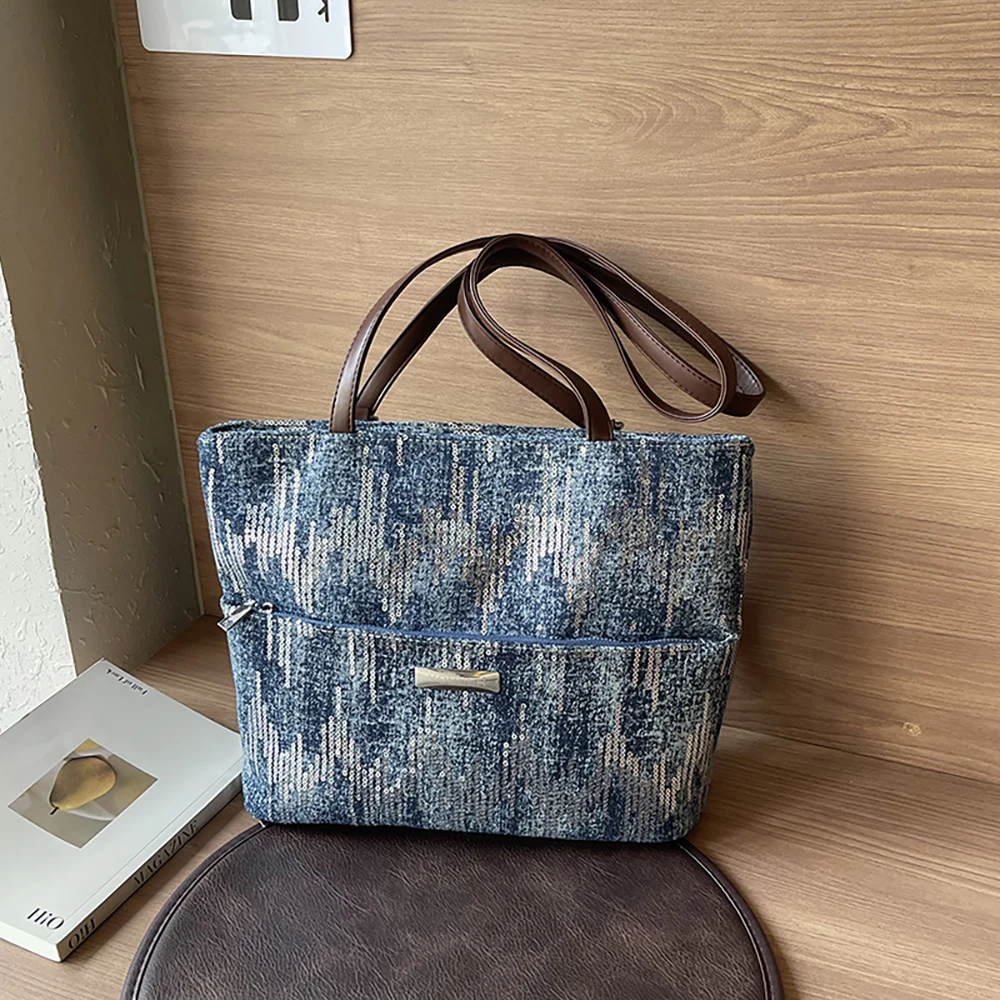 

Trendy Blue Sequins Totes Bags Women Versatile Large Capacity Backpacks 2025 New Outdoor Simple Shoulder Bag Crossbody