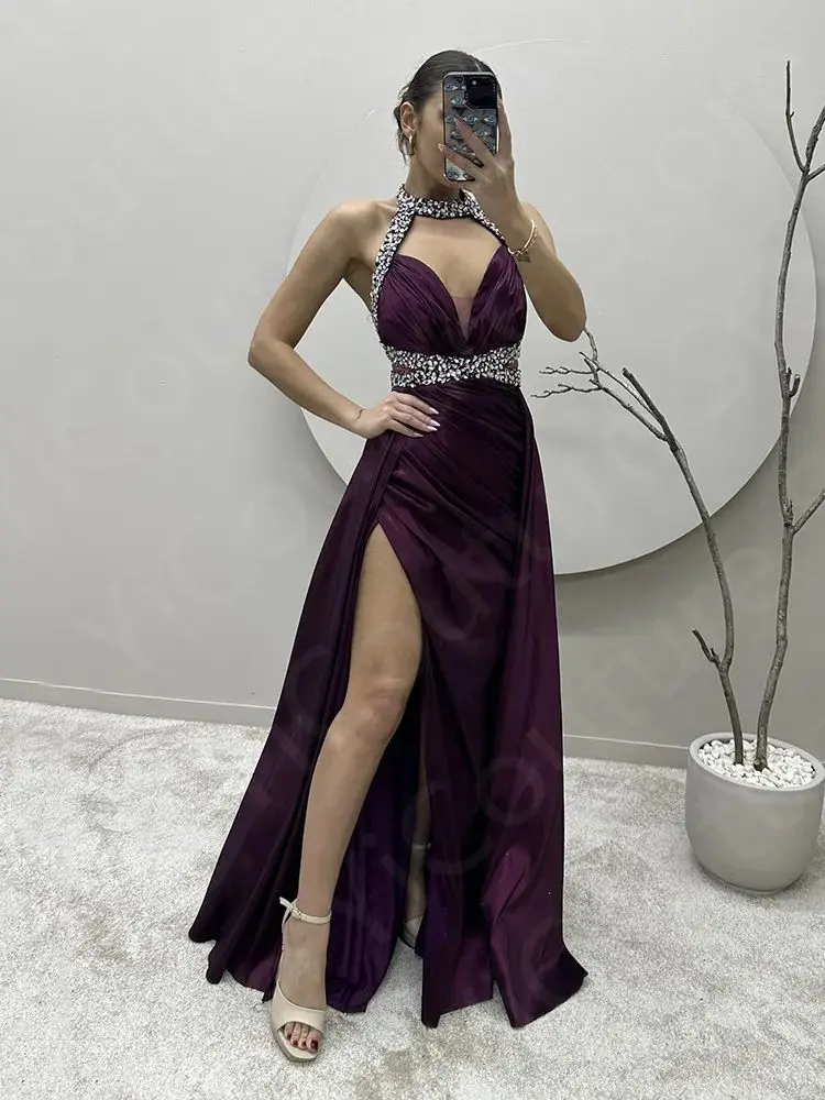 New Classic Purple Prom Gowns 2024 Sleeveless Evening Dresses Thigh Slit Birthday Party Dress Halter Robe de Soiree Back Out