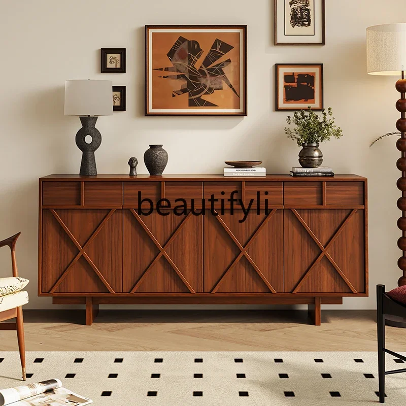 

Medieval entrance cabinet retro log bedroom dining side cabinet French solid wood storage medieval cabinet