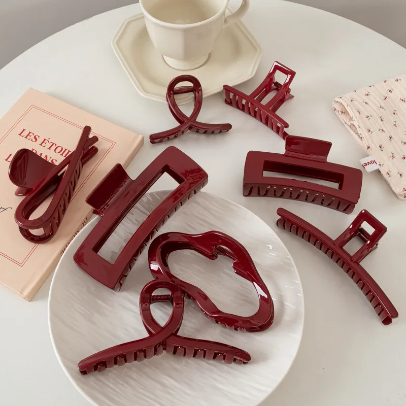 Ankela Red Grab Clip Women\'s Wine Red Hair Clip  Shark Clip New Year Gift Hair Accessories