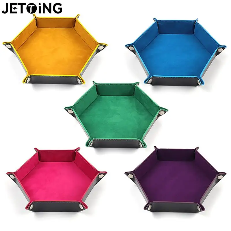 Rolling Folding Hexagon Dice Tray Board Game Storage Double Sided Thick PU Leather&Velvet Dice Box With 6 Snap Fastener