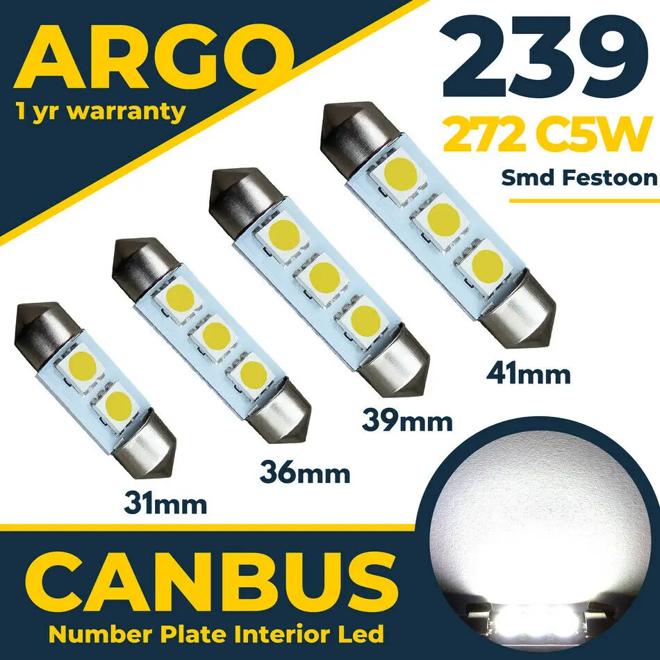 2x 239 272 Led Car C5W White Number Plate Festoon Smd Light Bulbs 31 36 39 41mm 12v