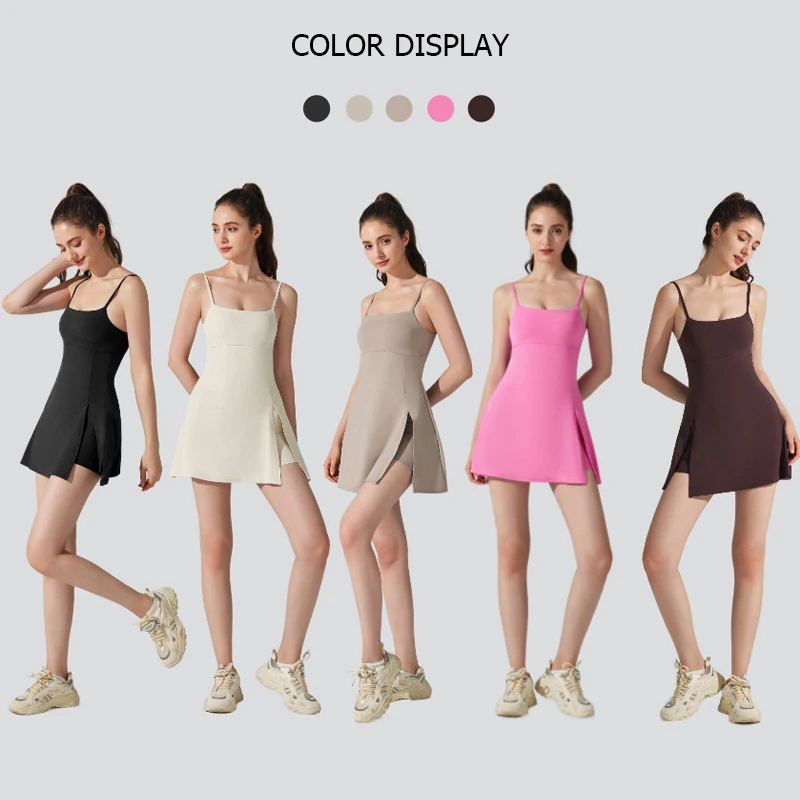 Women Summer Sports Dress Solid Color One Piece Yoga Suit Breathable Quick Dry Short Sportswear Female Workout Tennis Clothes