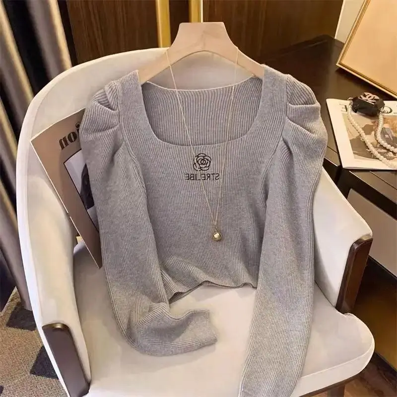 Fashion Embroidered Flower Knit Sweater Women Square Collar Long Sleeve Slim Jumpers Autumn Winter Korean Base Pullovers Female