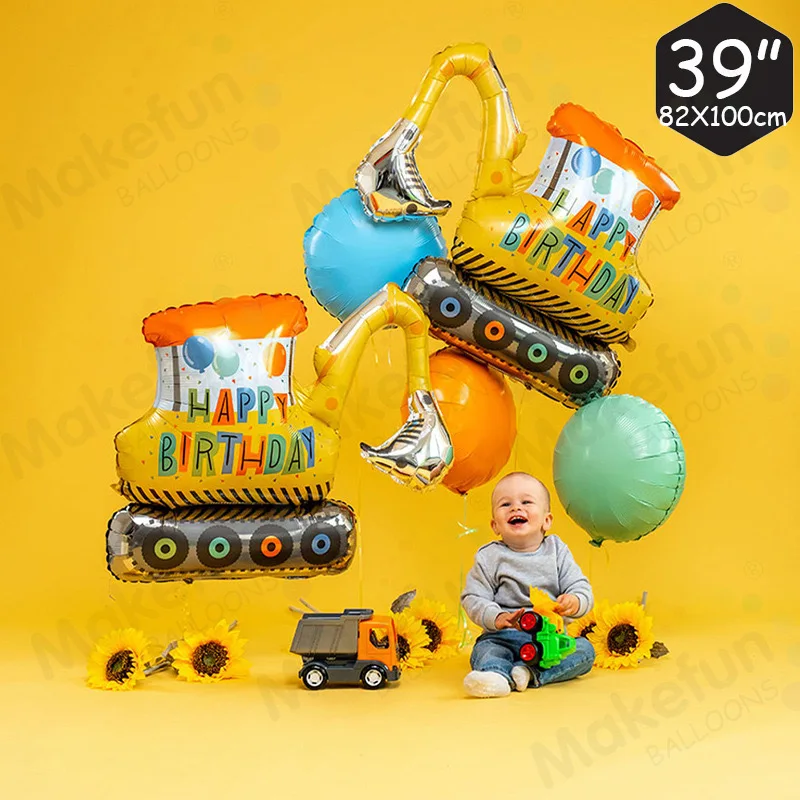 Cartoon New Engineering Vehicle Happy Birthday Excavator Shape Aluminum Film Balloon Children's and Boys' Birthday Party Decorat