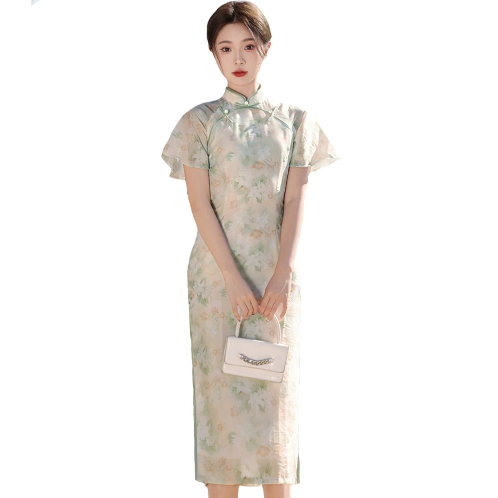 

Vintage Chinese Traditional Dress Women High Quality Long Slim Cheongsam Qipao Pink Green Chinese Style Evening Formal Dresses