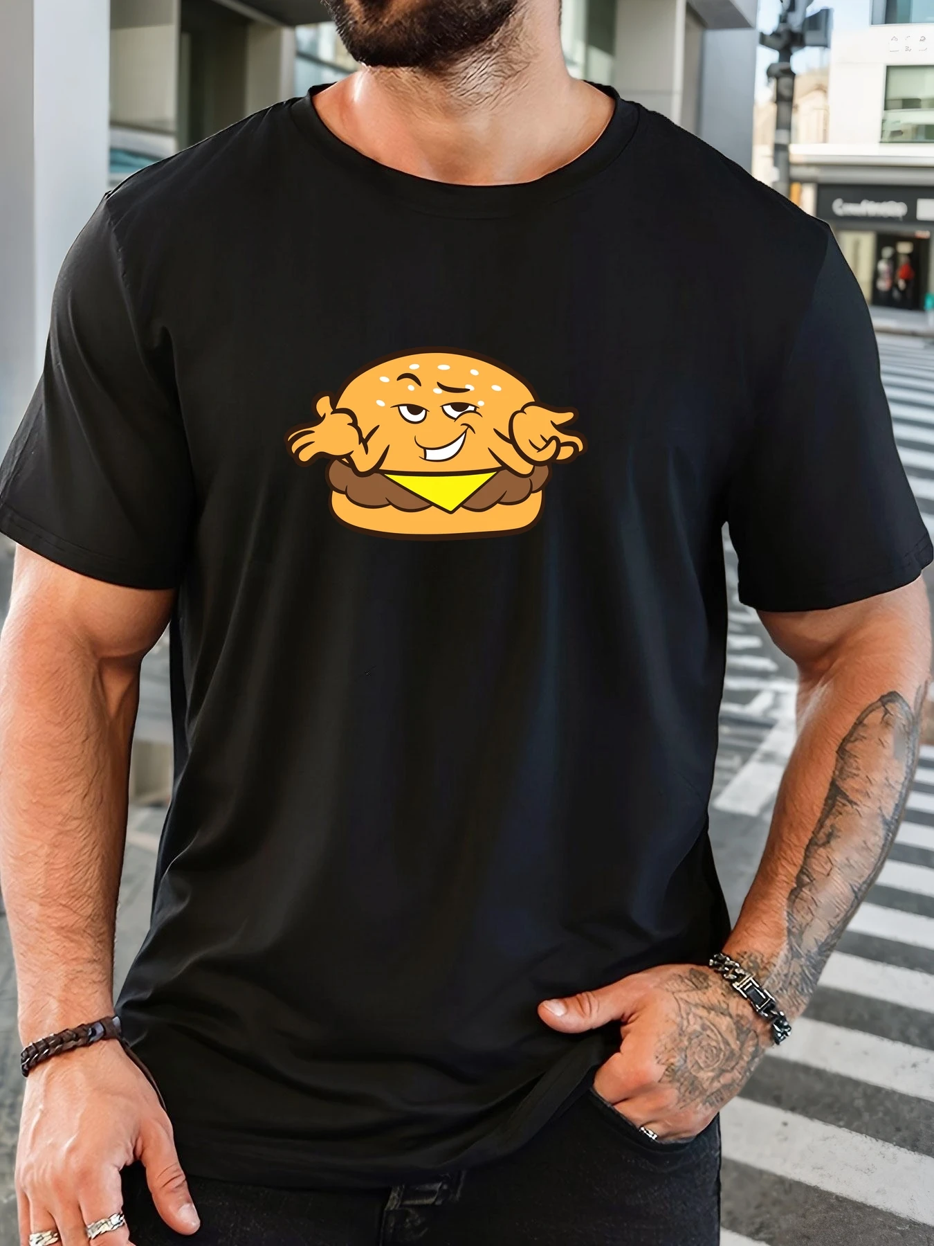 

Men's Hamburger Pattern Summer Casual Crew Neck Short T-Shirt