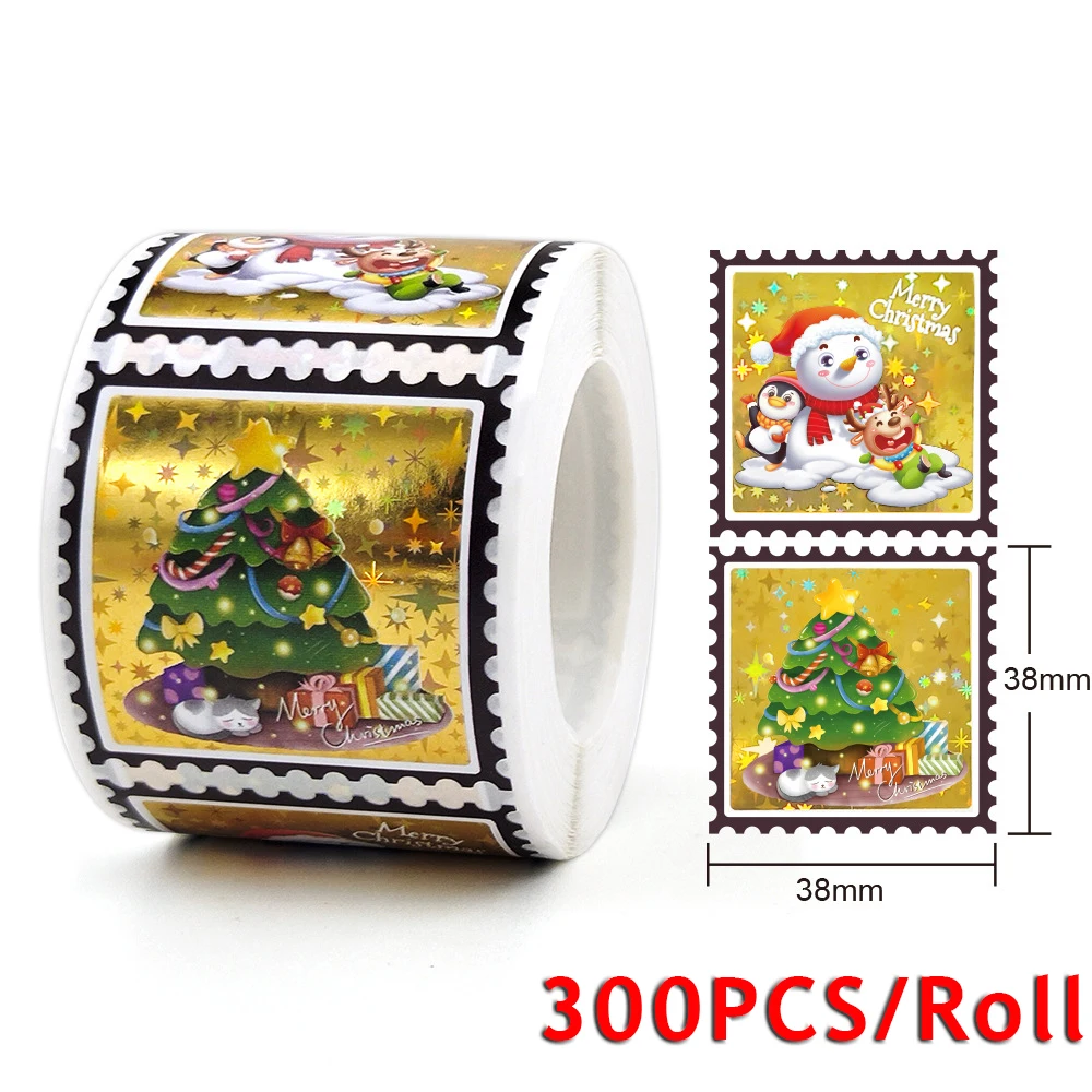 300pcs/Roll Holographic Stickers Merry Christmas Seal Thank you Labels For DIY Gift Baking Package Envelope decoration