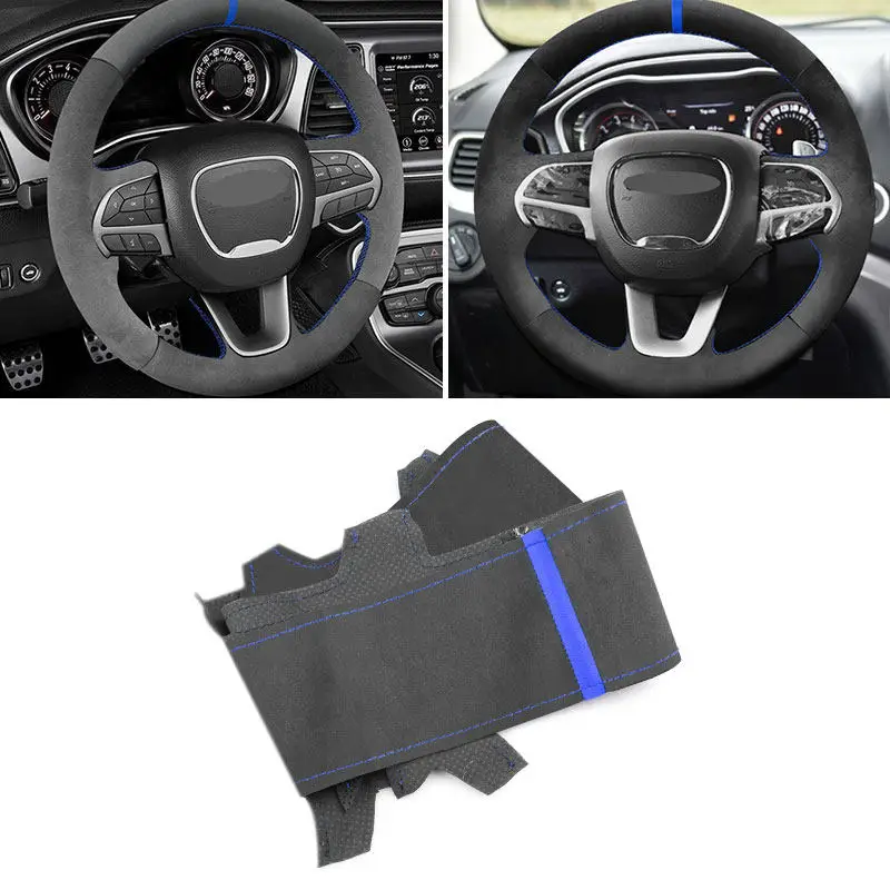 For Dodge Challenger Charger 2015-2021 Durango 2018-2021 Car Interior Steering Wheel Cover Suede Leather Trim blue line strip