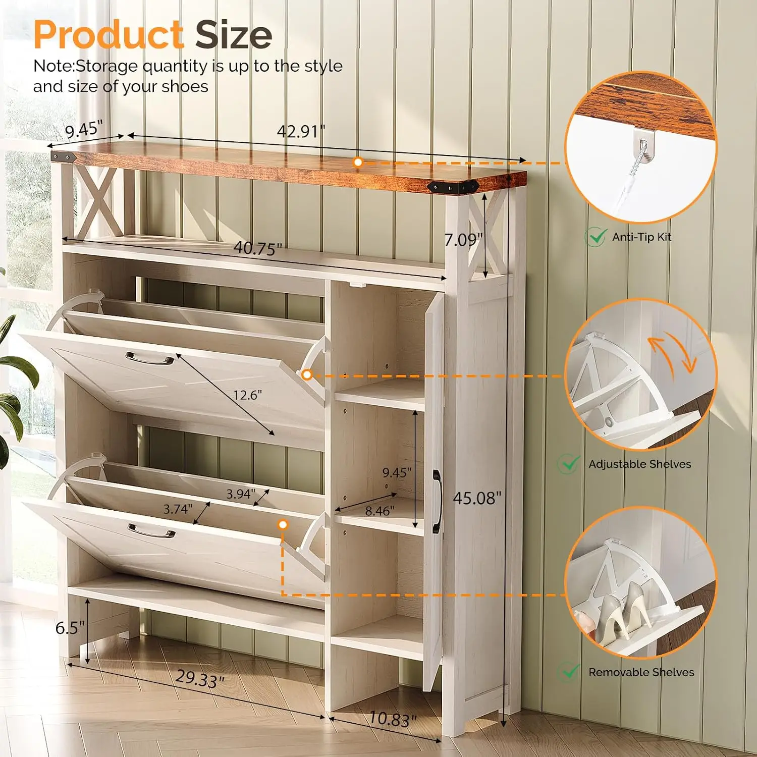 Farmhouse Shoe Cabinet with 2 Flip Drawers & Side Door, Slim Entryway Shoe Storage Organizer with Adjustable, Customized
