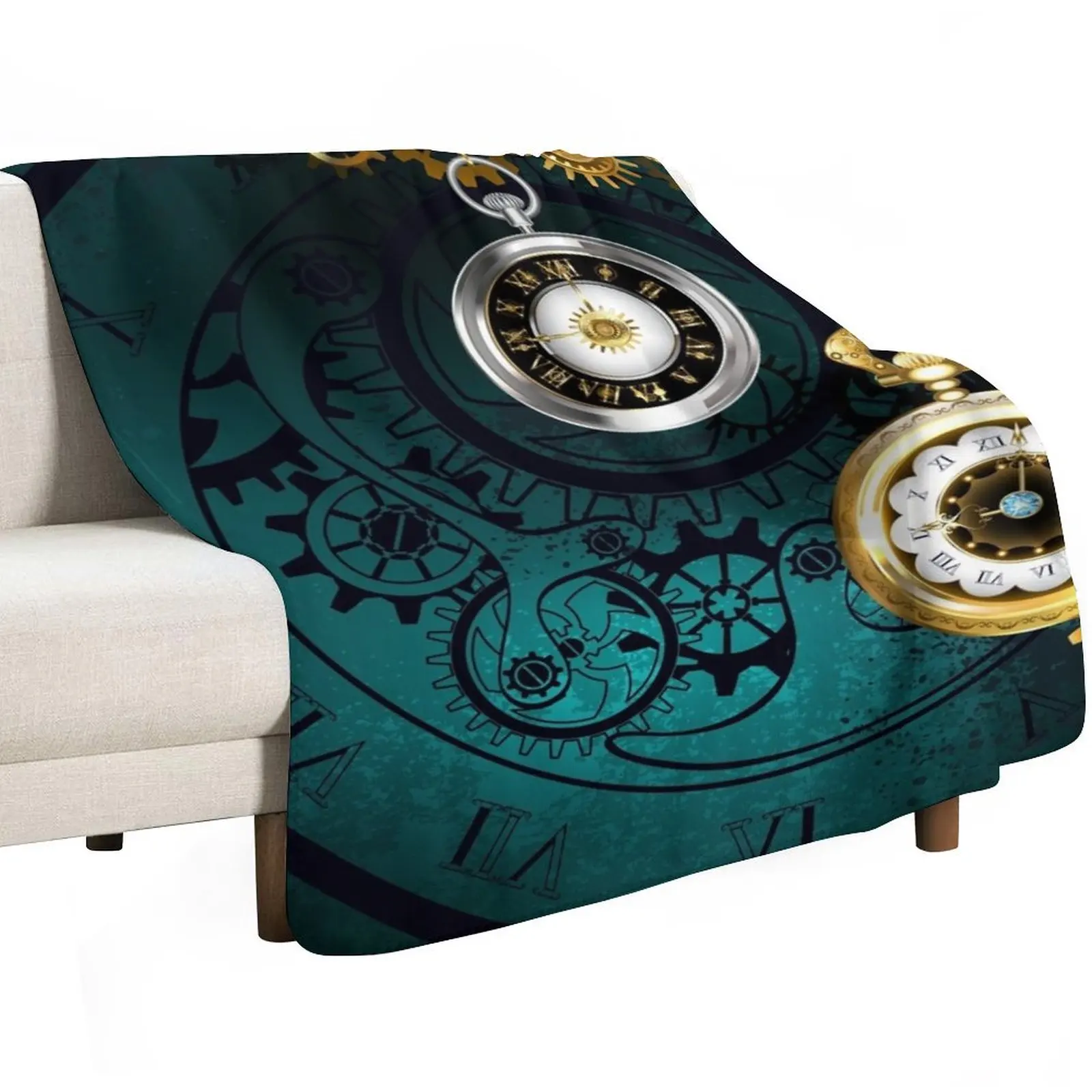 Clock with Gears on Green Background ( Steampunk ) Throw Blanket Stylish Decor Blanket Gift for Friends Roommate