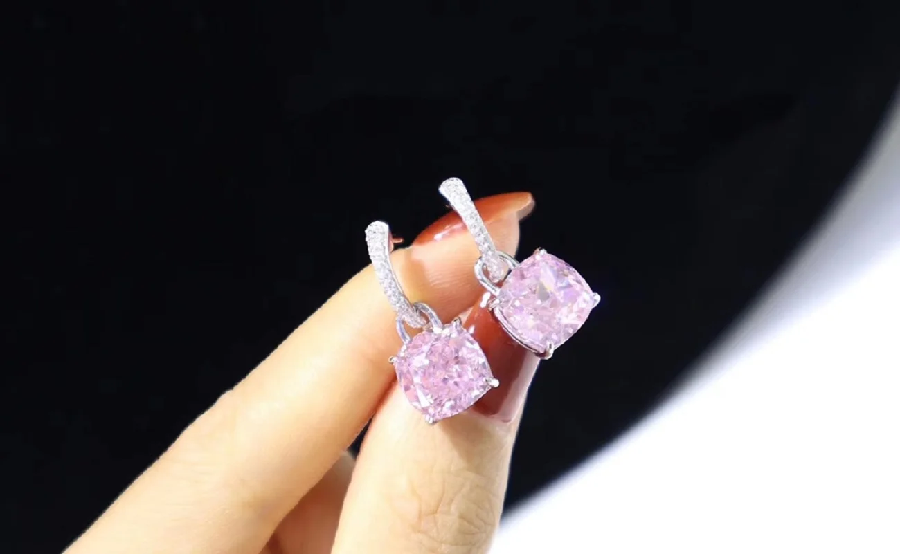 925 Silver High Carbon Zirconia 10x10mm Crushed Ice Cutting Earring Platinum Plated For Women Jewelry Gift