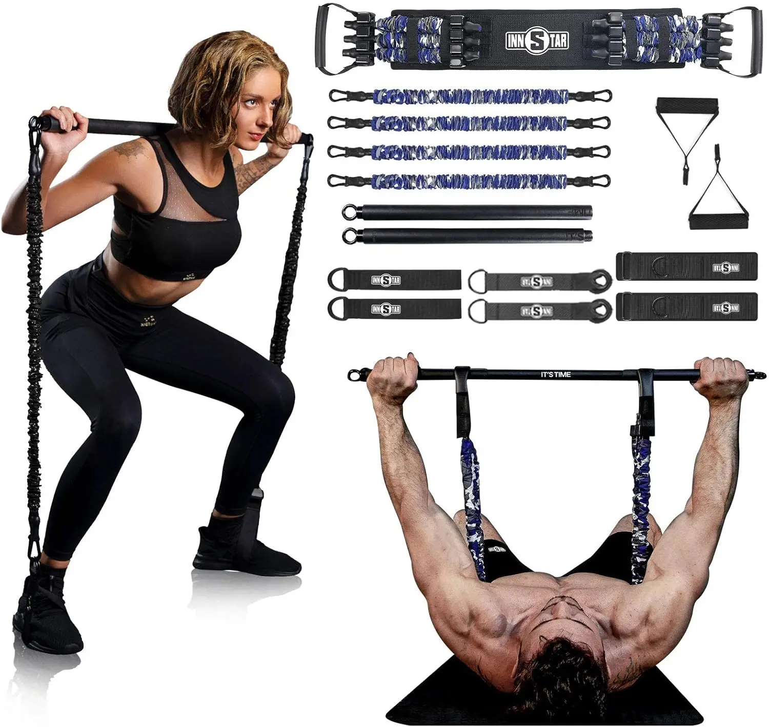 Portable Home Gym Set with Workout Bar, Bench Press Set, Squat Deadlift Resistance Band, Door Anchor and More-Full Body Workout