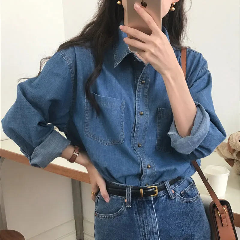 Csa vaquera hoada de manga larga con cuello abotonado para mujer, Vintage Chic, moda de primavera 2023, versátil, con do...