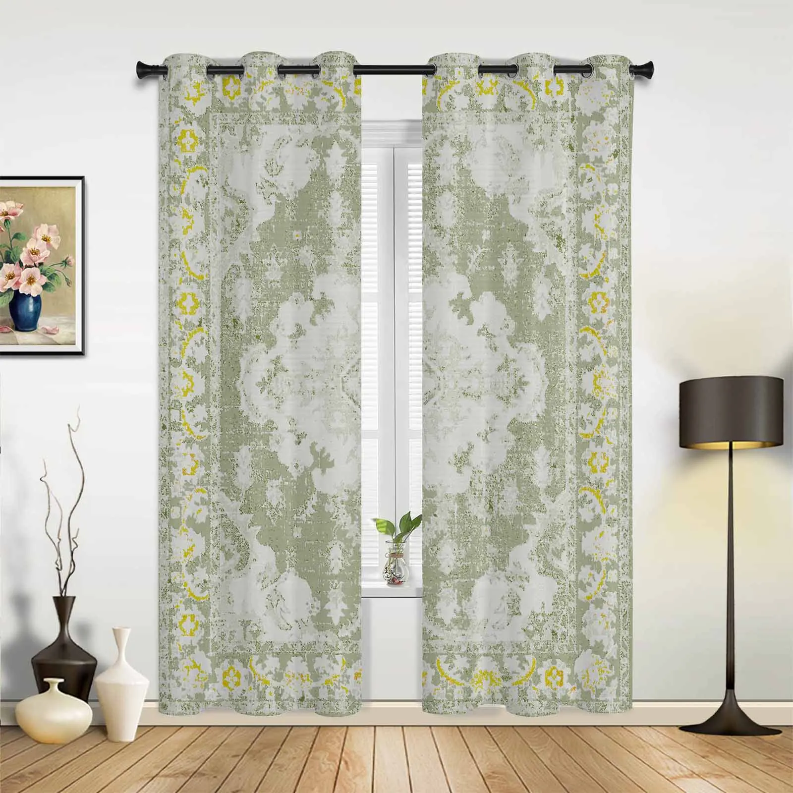 Geometric Ethnic Oriental Vintage Sage Green Modern Panels Hall Curtains for Living Room Bedroom Window Curtains Hotel Drapes