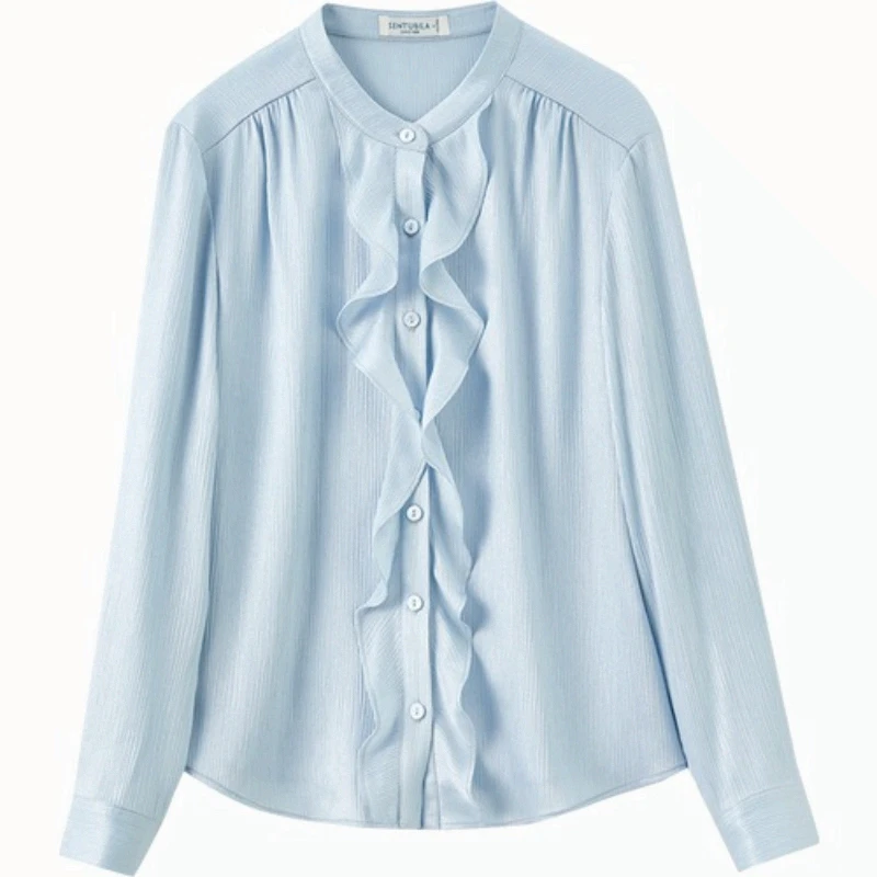 SENTUBILA Elegant Women Chiffon Shirt 2025 Autumn New Single Breasted Blouses Ruffle Design Long Sleeve Female Shirts 153CC2512
