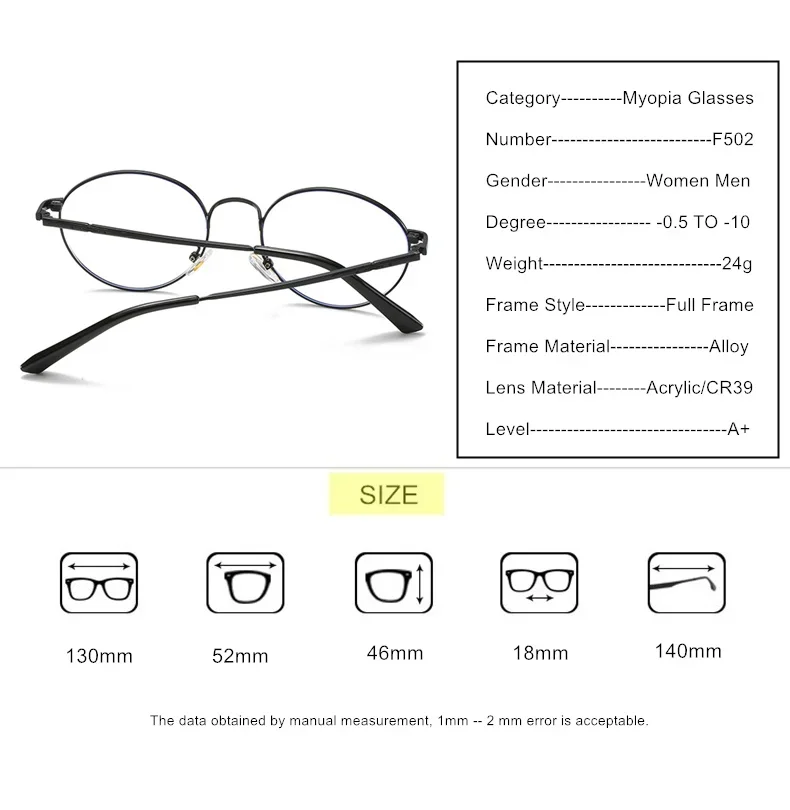 Myopie-Brille, Kugel – 0,5 bis – 10 Damen und Herren, photochrome oder blaues Licht blockierende Gläser, Legierungsrahmen, verschreibungspflichtige Brillen F502 – Detail 10
