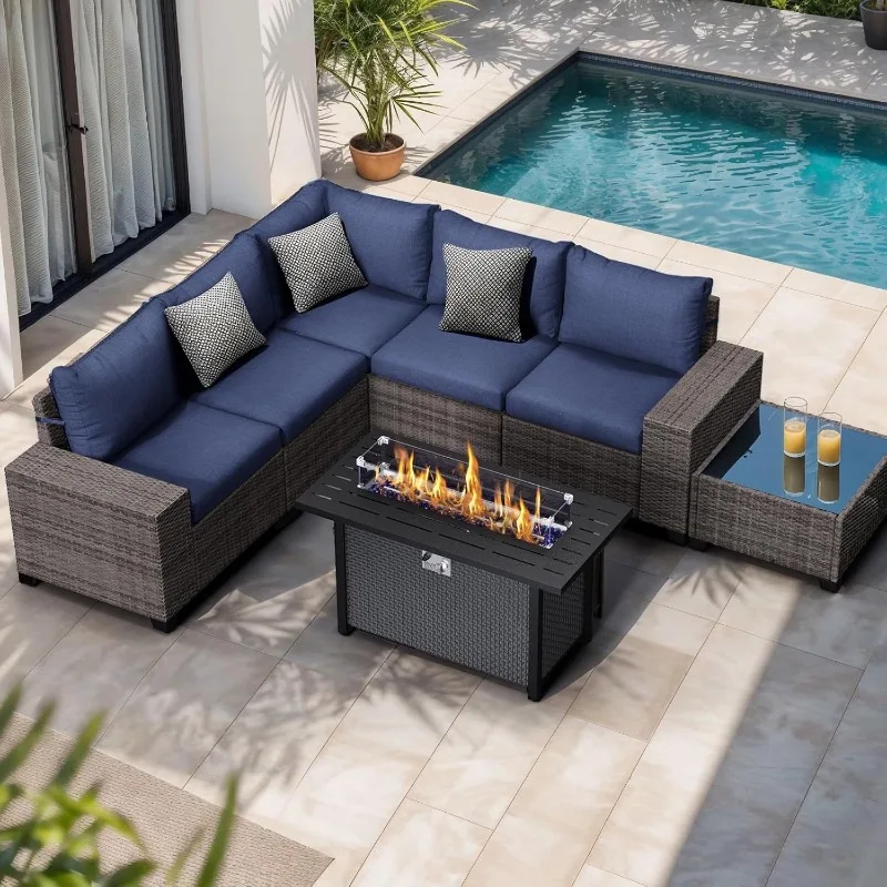 

7-Piece Wicker Patio Set with 50,000 BTU Propane Fire Pit Table - Flexible PE Rattan Outdoor Furniture, Easy Assembly