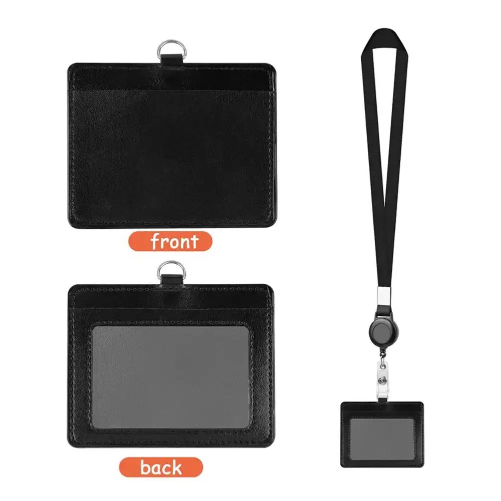 PU Leather Pass Work Card Cover Working Permit Case Sleeve Badge Holder Black ID Tag Lanyard For Staff Card Clip Neck Strap