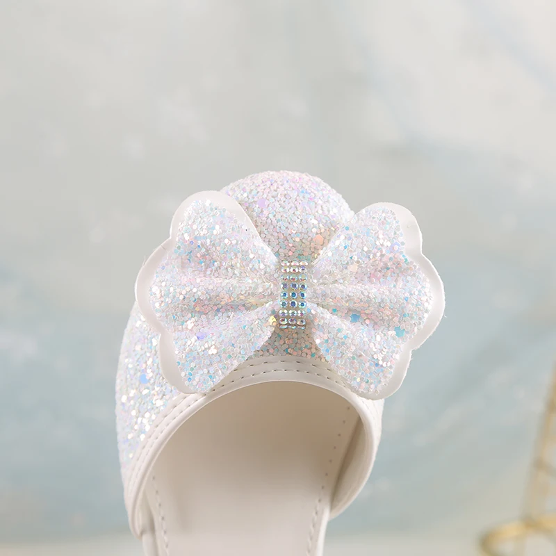 Alpheligance Girls Leather Shoes Children Baby Princess Bowknot Princess Shoes Sequines High Heel Dancing Girls Flower shoes