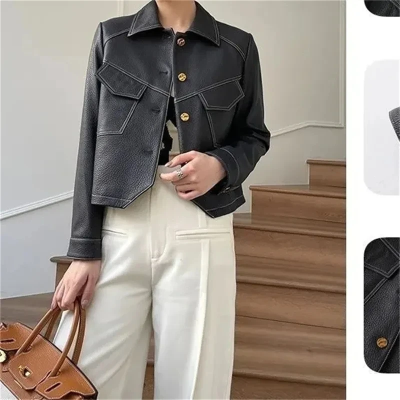 2025 High-End Brown Women PU Leather Outwear Button Outfit Spring Autumn Women Fashion Short Thin Female Leather Jacket