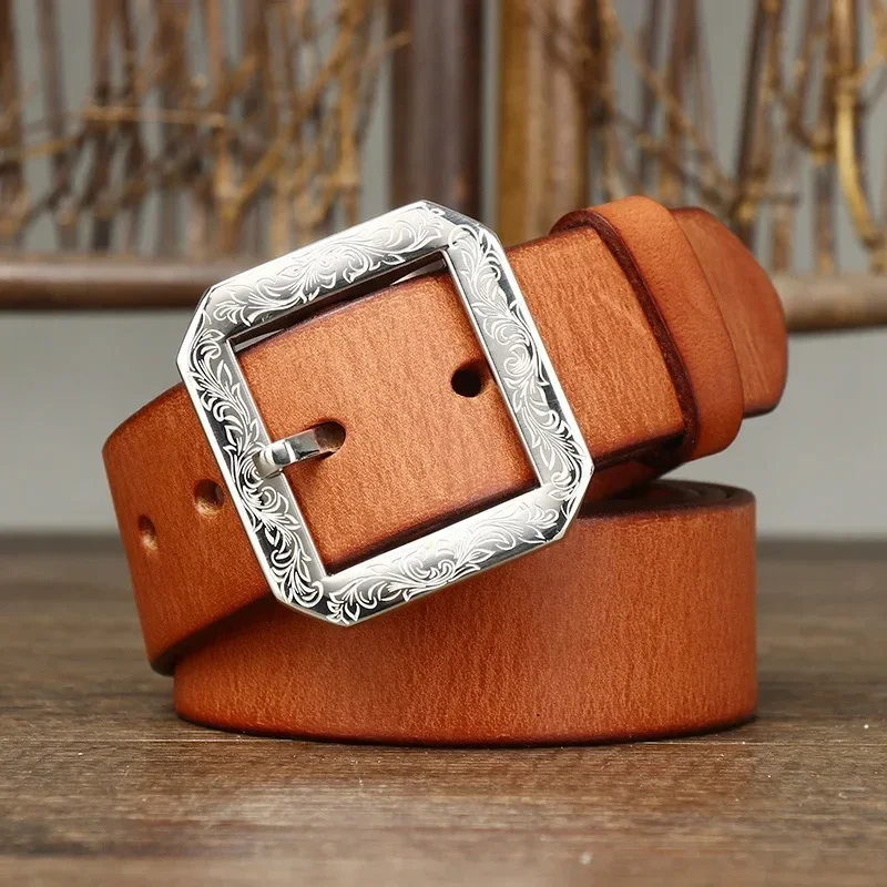 

3.8CM Vintage Luxury Thick Real Leather Stainless Steel Buckle Man's Belt Gotico Cowhide Retro All-match Casual Jeans Soft Belt