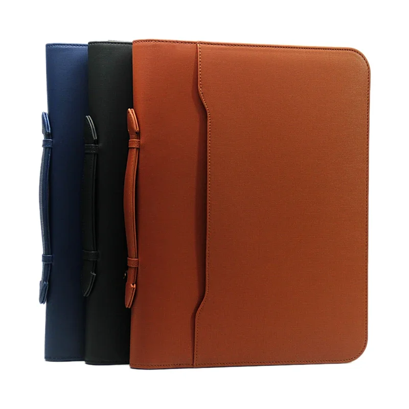 High Quality Leather Zipper Business Office PU Leather File Folder A4 Manager Bag Portfolio Briefcase with Handles Calculator