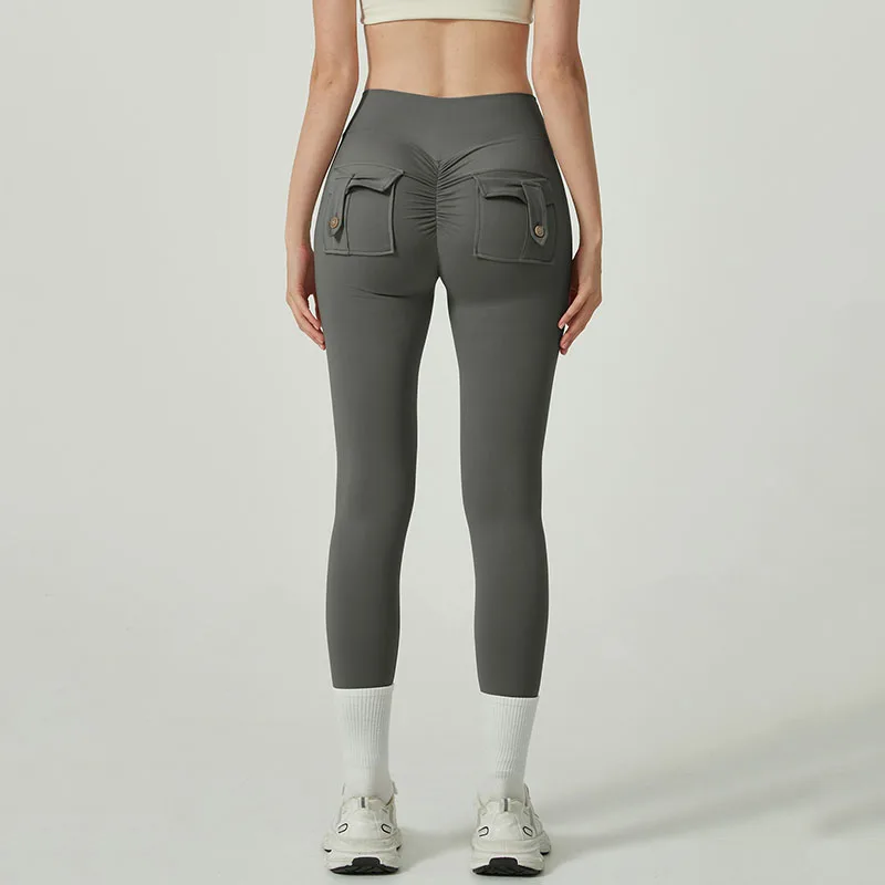 Solid Color High Waisted Yoga Pants Women Hip Lifting Breathable Tight Leggings Elastic Slim with Pocket Sports Fitness Pants