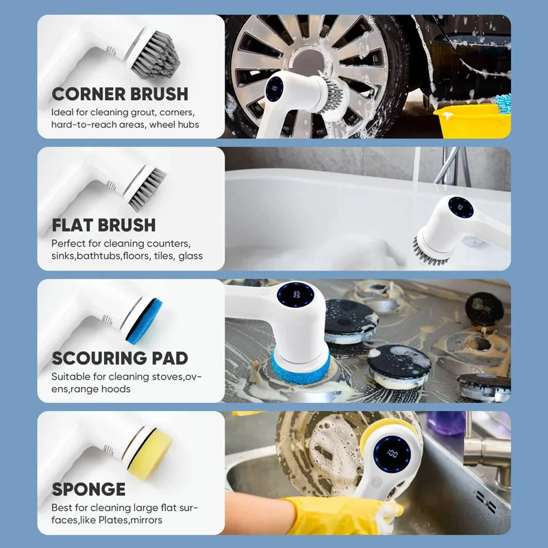 Electric Spin Scrubber Power Scrubber Cordless Cleaning Brush Shower Scrubber for Bathroom Floor Car Wheel Tub Tile 4 Heads