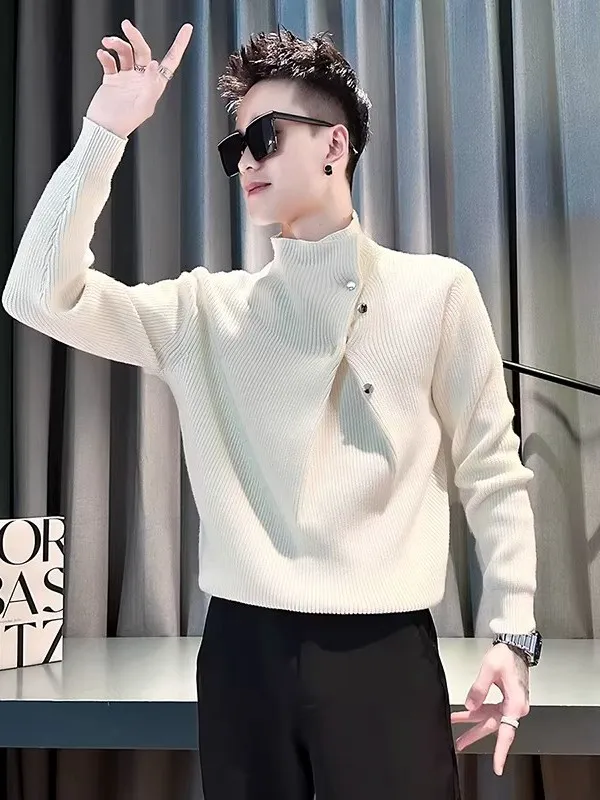 

Men's Thiened f-High Collar Knitted Sweater Button Sle Warmth Base irt Faionable Versatile Winter Casual Wear