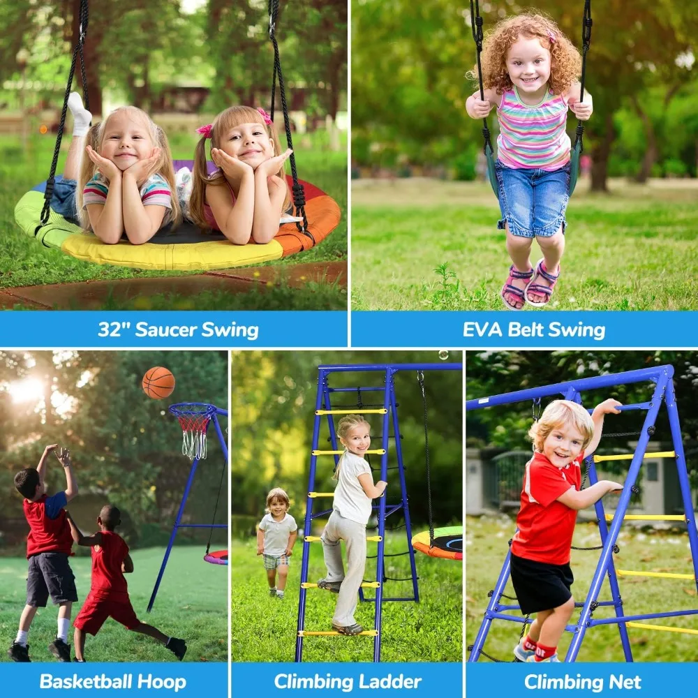 Metal Swing Sets for Backyard with Heavy Duty Frame, Saucer Swing,Belt Swing,Climbing Rope,Climbing Ladder,Basketball Hoop