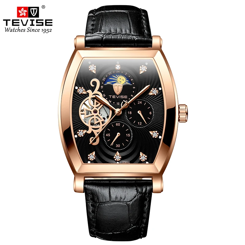 2024 Fashion Top Brand Men\'s Mechanical Watch Tevise 8383c Business Waterproof Automatic Carved Hollow Window Moon Phase Zircon