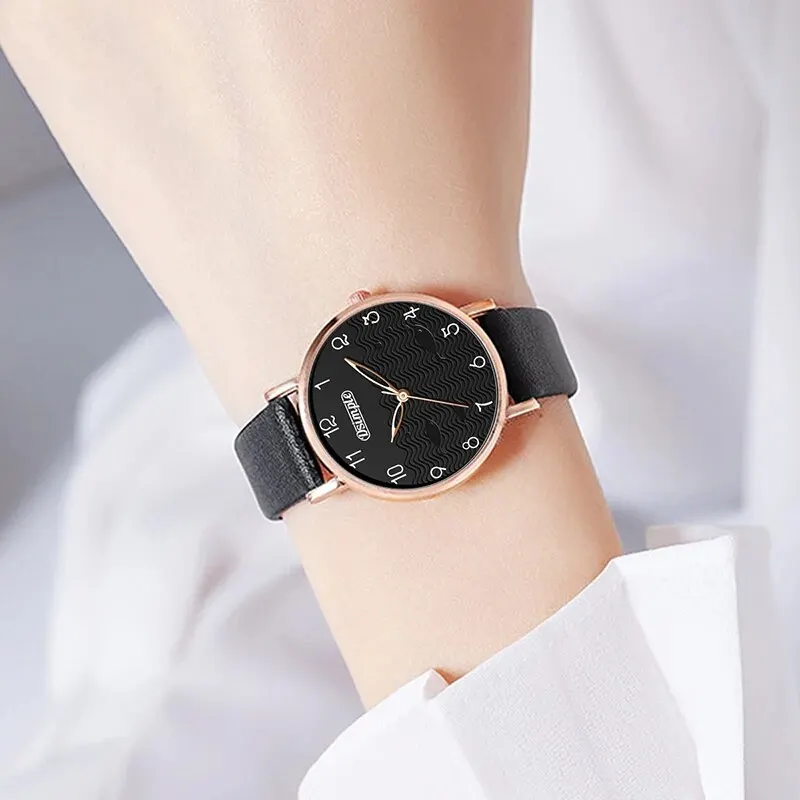 6pcs Sets Luxury Women\'s Black Leather Watches Butterfly Dial with Quartz Wristwatch Women Earring Bracelet Necklace Set