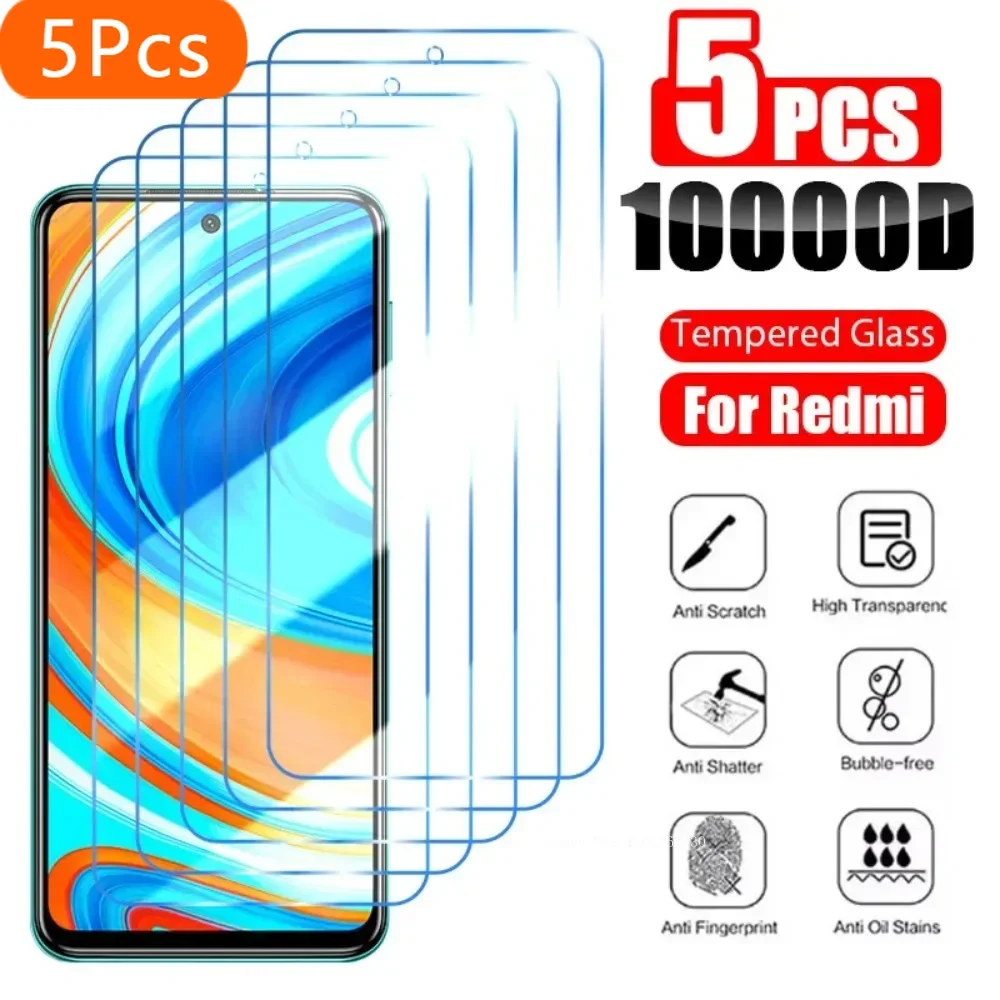 5Pcs Tempered Glass For Xiaomi Redmi Note 13 12 11 10 9 Pro 9S 10S 11S Screen Protector For Redmi 9 10 12C 10C 9C 9A 9T 8 Glass