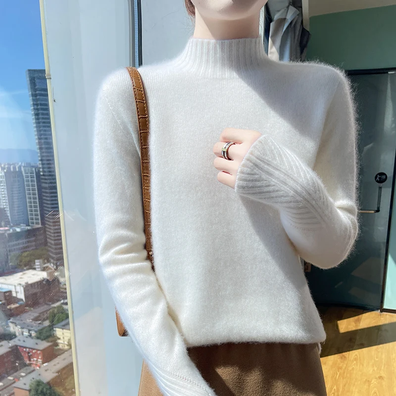 Striped Autumn/Winter new 100% Merino wool pullover Cashmere sweater Women's half turtleneck pullover warm bottom knit shirt top