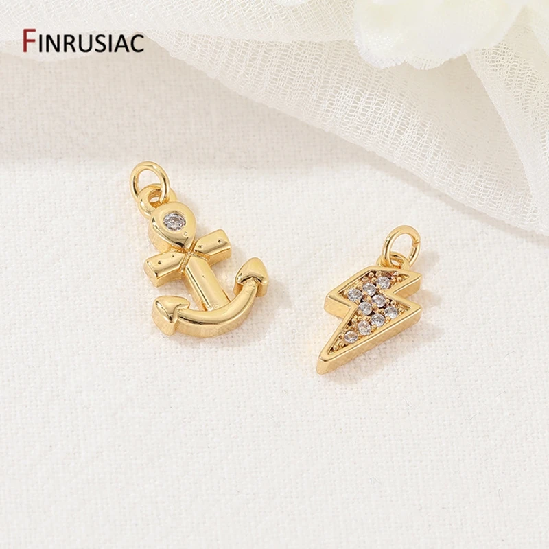 14K Gold Plated Brass Anchor Charms pendant For Jewelry Making, Inlaid Zircon Lightning Pendant Necklace Making Findings