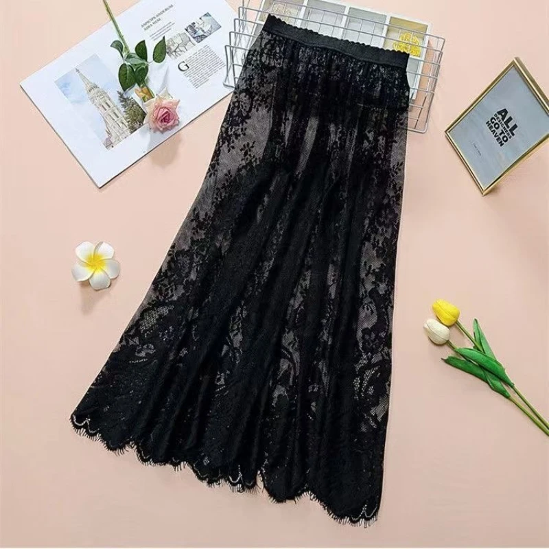 Club Wear Gonna di pizzo bianco nero Donna Sexy Vita alta Tulle Gonna longuette Strato trasparente Abito da spiaggia estivo Gonna Y2k
