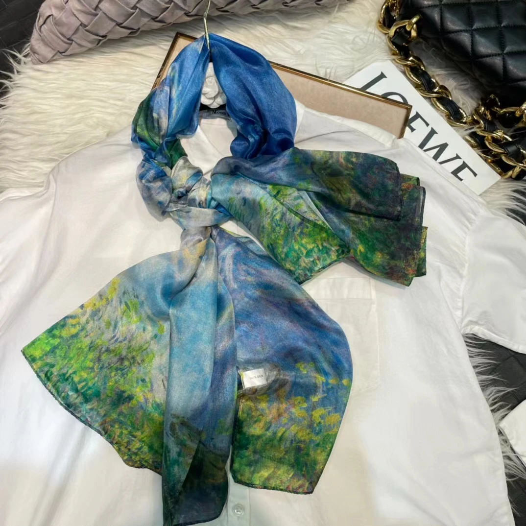 Fashion Blue Silk Scarf Shawl Printed Luxury Women 100% Pure Silk Long Scarves Elegant Floral Silk Neck Scarf Cape 180*110cm