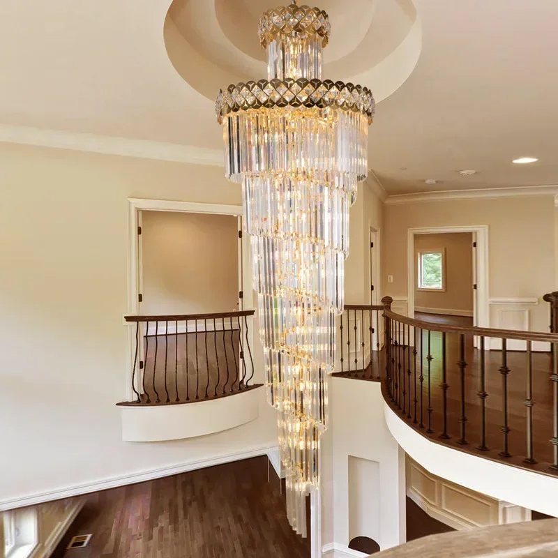 

Modern Crystal Chandelier For Staircase Long Villa Chain Lighting Fixture Large Home Decor Gold Stainless Steel Cristal Lamp