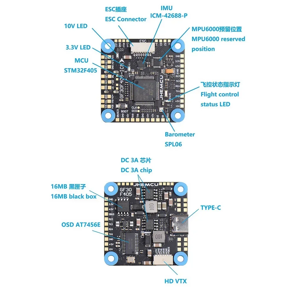 JHEMCU GF30F405-ICM Baro OSD BalckBox 5V 10V Dual BEC F405 Flight Controller 3-8S 30X30mm for FPV Freestyle Drone