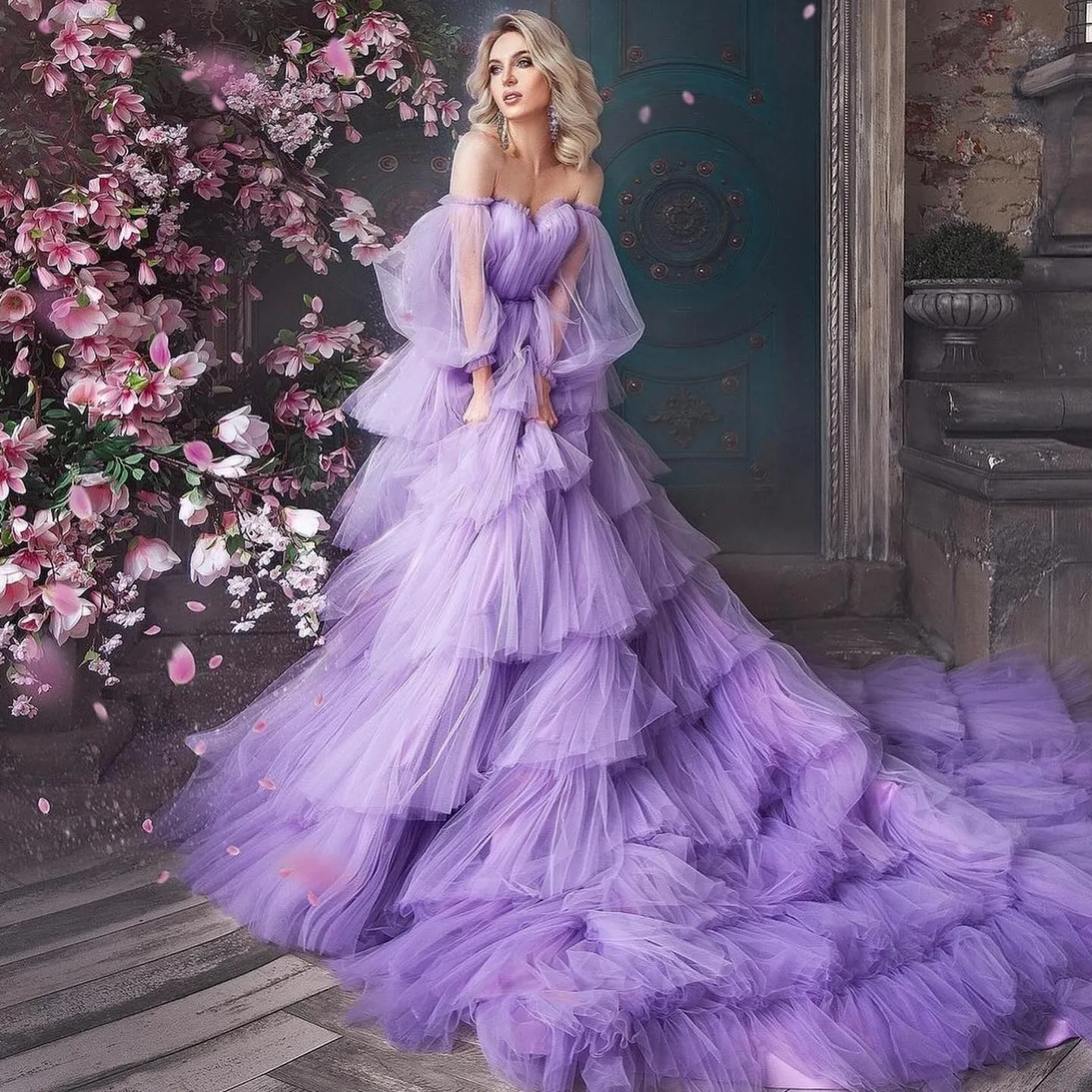 

Dreamlike Lavender Fluffy Tiered Tutu Tulle Women Long Dresses See Thru Puff Sleeves Lush Tulle Bridal Dress Wedding Gowns