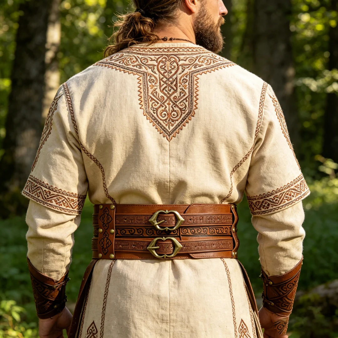 Viking Embossed Wide Waist Sash, Medieval Double Buckle Leather Waistband for LARP Cosplay