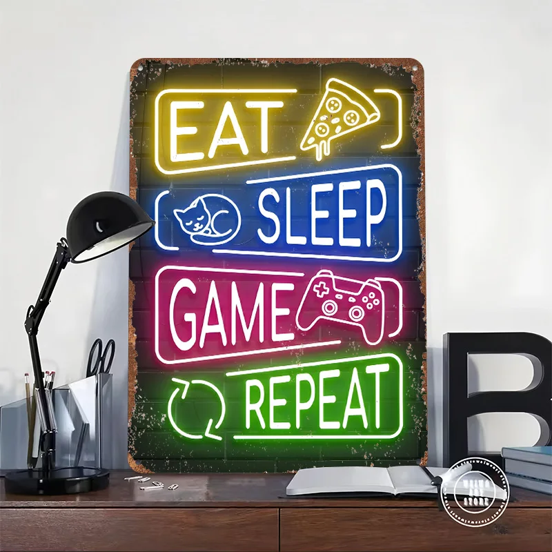 Eat Sleep Game Repeat Gaming Poster Customized Wall Art Vintage Metal Signs Retro Tin Plaque for Man Cave Desk Decor Coffee Bar