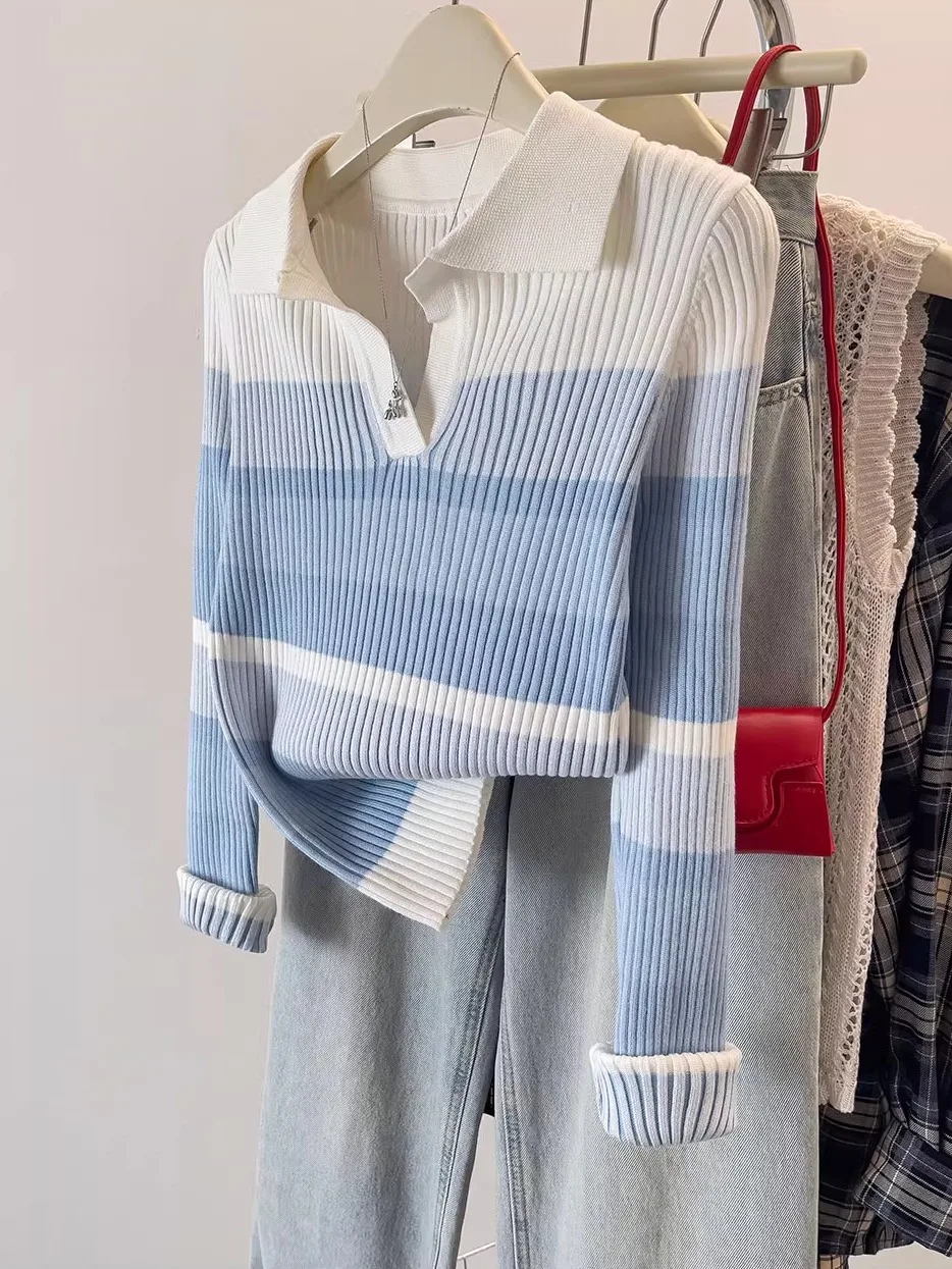 حجم كبير محبوك تي شيرت المرأة سليم صالح الداخلية irt عادية Sle طويل Sve مخطط طوق تي شيرت للتنقل الخريف #3